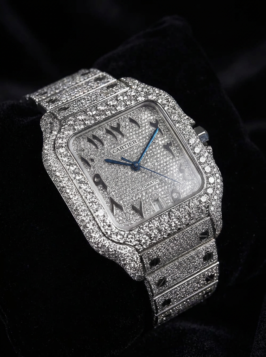 Cartier Santos Large – Fully Custom Diamond-Set with Arabic Dial – Blue Swords