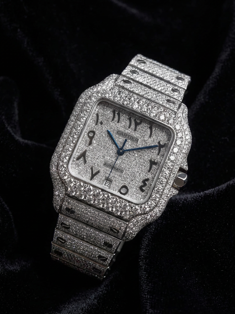 Cartier Santos Large – Fully Custom Diamond-Set with Arabic Dial – Blue Swords