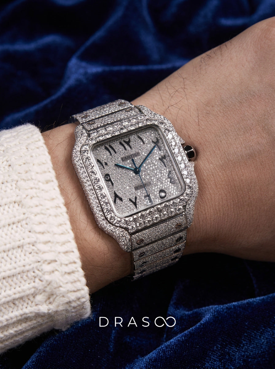 Cartier Santos Large – Fully Custom Diamond-Set with Arabic Dial – Blue Swords