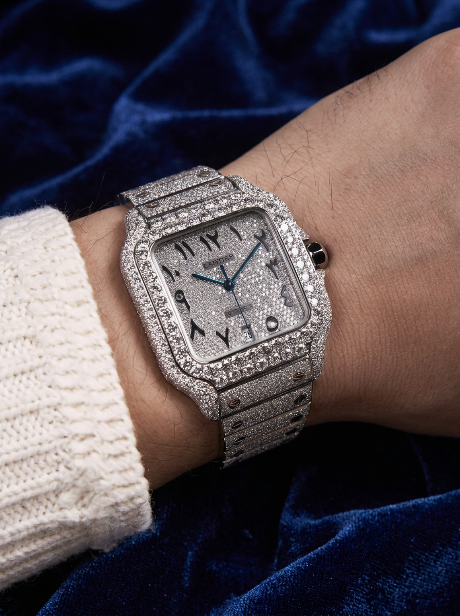 Cartier Santos Large – Fully Custom Diamond-Set with Arabic Dial – Blue Swords
