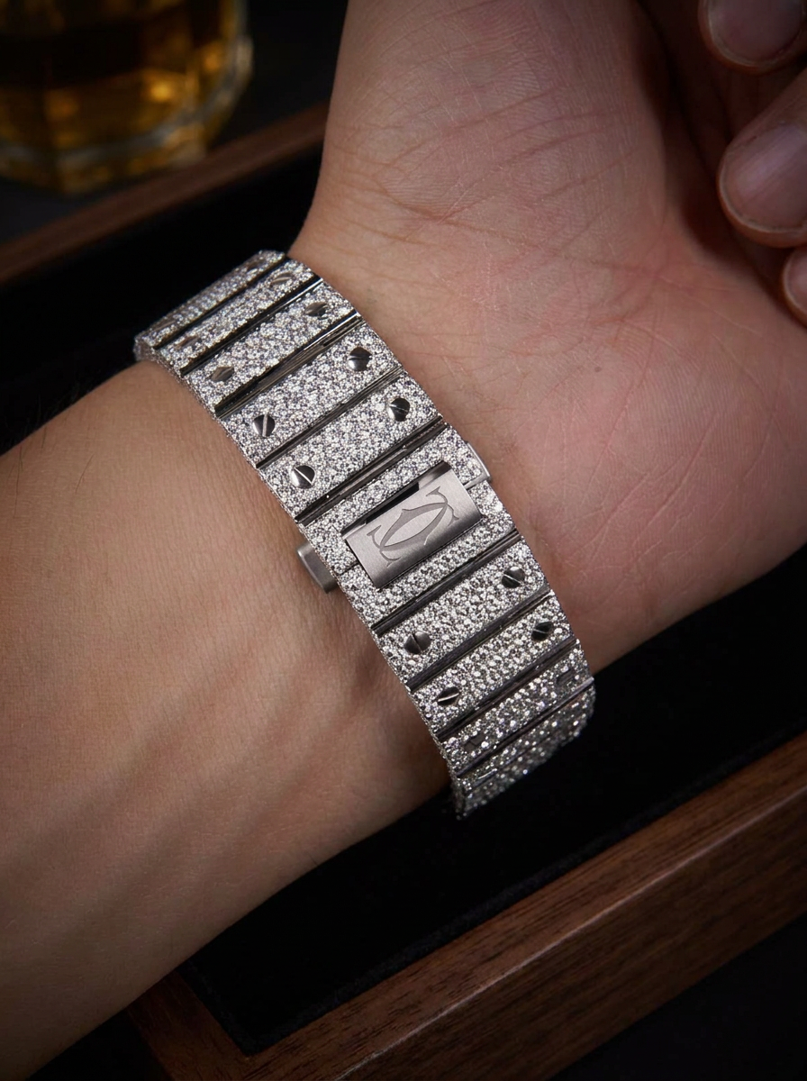 Cartier Santos Rainbow Skeleton – Steel – Custom Pavé Diamond-Set (VVS) – Blue-Steel Swords