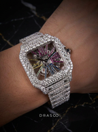 Cartier Santos Rainbow Skeleton – Steel – Custom Pavé Diamond-Set (VVS) – Blue-Steel Swords