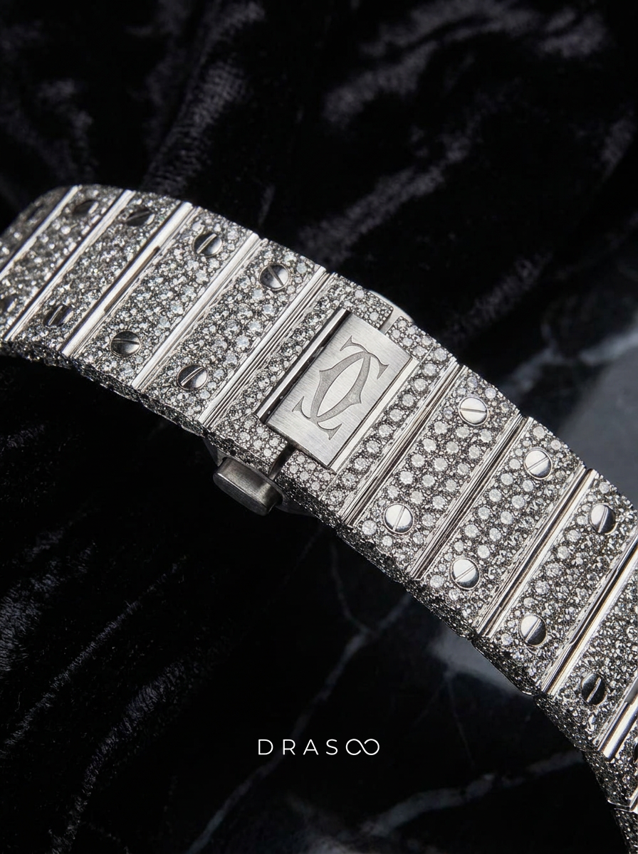 Cartier Santos Rainbow Skeleton – Steel – Custom Pavé Diamond-Set (VVS) – Blue-Steel Swords