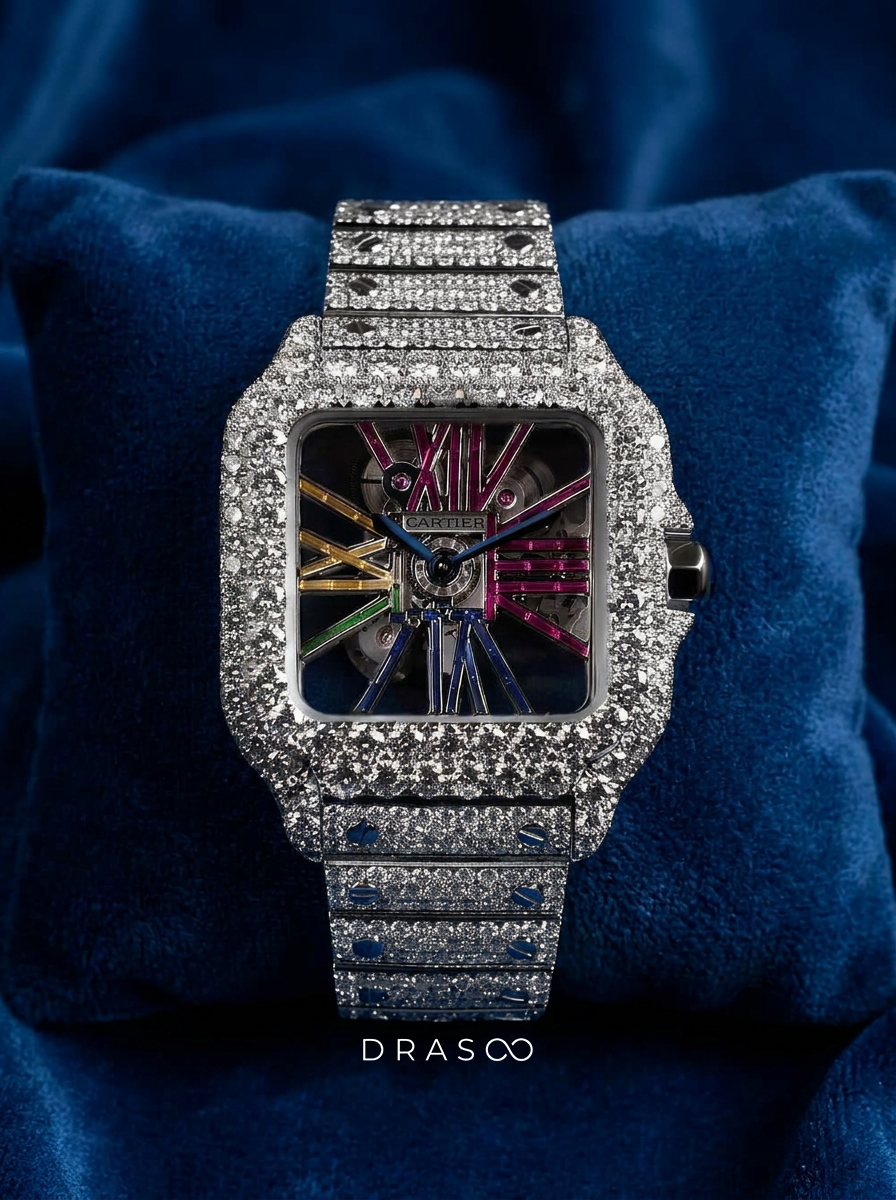 Cartier Santos Rainbow Skeleton – Steel – Custom Pavé Diamond-Set (VVS) – Blue-Steel Swords