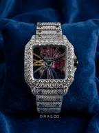 Cartier Santos Rainbow Skeleton – Steel – Custom Pavé Diamond-Set (VVS) – Blue-Steel Swords