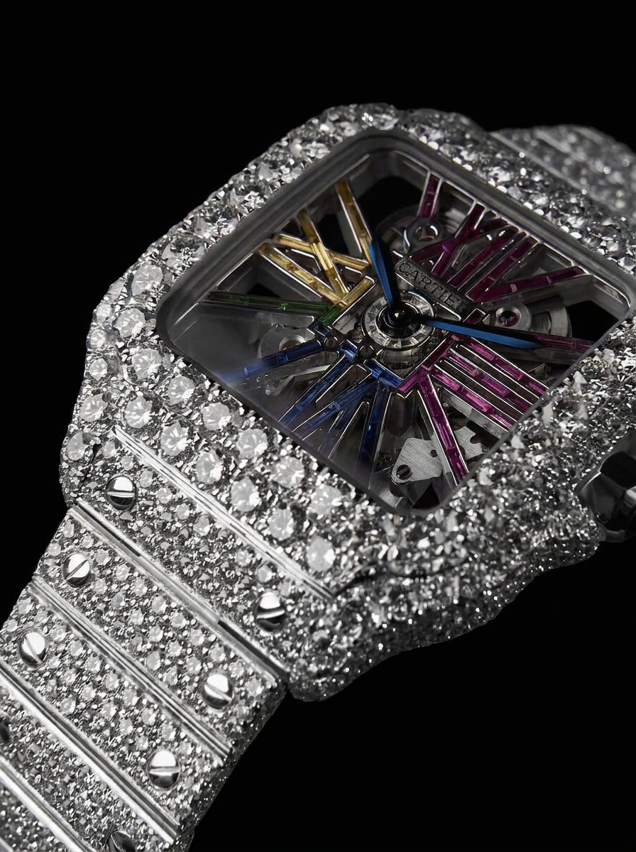 Cartier Santos Rainbow Skeleton – Steel – Custom Pavé Diamond-Set (VVS) – Blue-Steel Swords