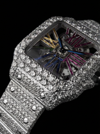 Cartier Santos Rainbow Skeleton – Steel – Custom Pavé Diamond-Set (VVS) – Blue-Steel Swords
