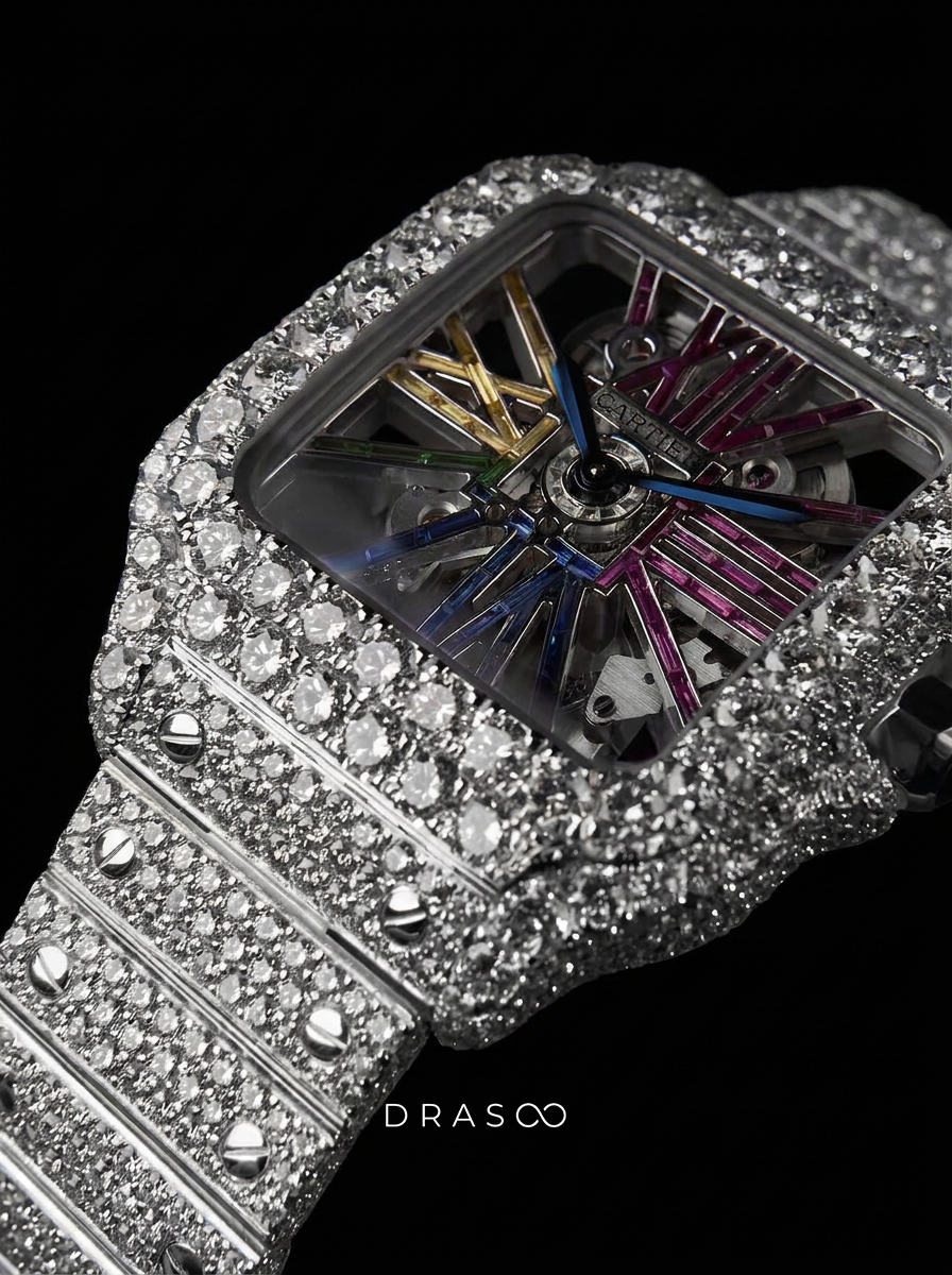 Cartier Santos Rainbow Skeleton – Steel – Custom Pavé Diamond-Set (VVS) – Blue-Steel Swords