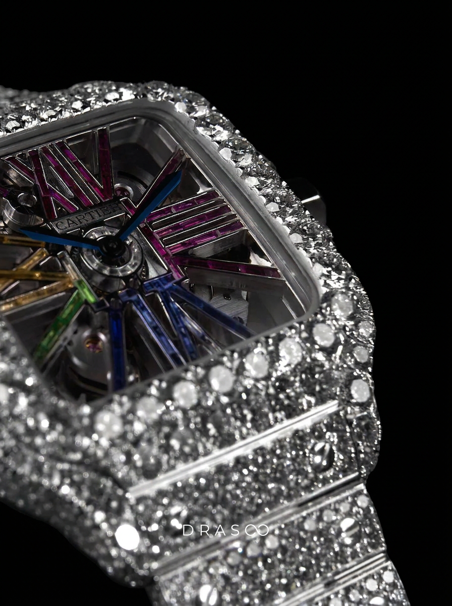 Cartier Santos Rainbow Skeleton – Steel – Custom Pavé Diamond-Set (VVS) – Blue-Steel Swords