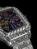Cartier Santos Rainbow Skeleton – Steel – Custom Pavé Diamond-Set (VVS) – Blue-Steel Swords