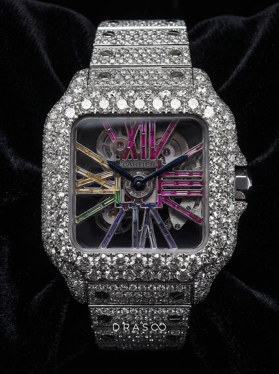 Cartier Santos Rainbow Skeleton – Steel – Custom Pavé Diamond-Set (VVS) – Blue-Steel Swords