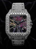Cartier Santos Rainbow Skeleton – Steel – Custom Pavé Diamond-Set (VVS) – Blue-Steel Swords