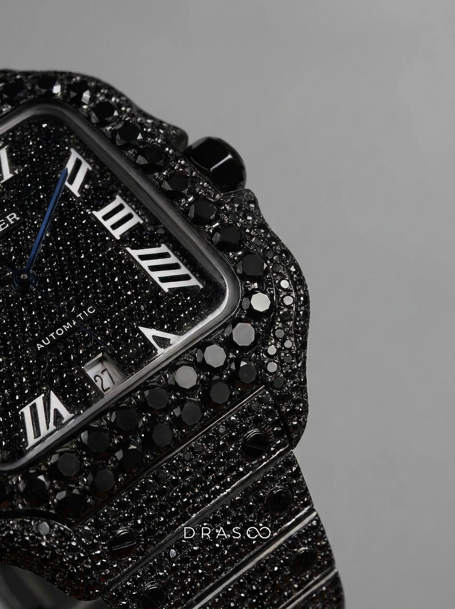 Cartier Santos Large – Custom Black Diamond PVD – Black Diamond Dial with Blue Swords