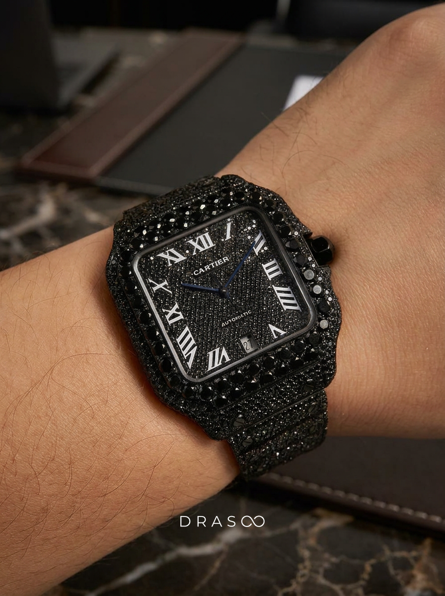 Cartier Santos Large – Custom Black Diamond PVD – Black Diamond Dial with Blue Swords