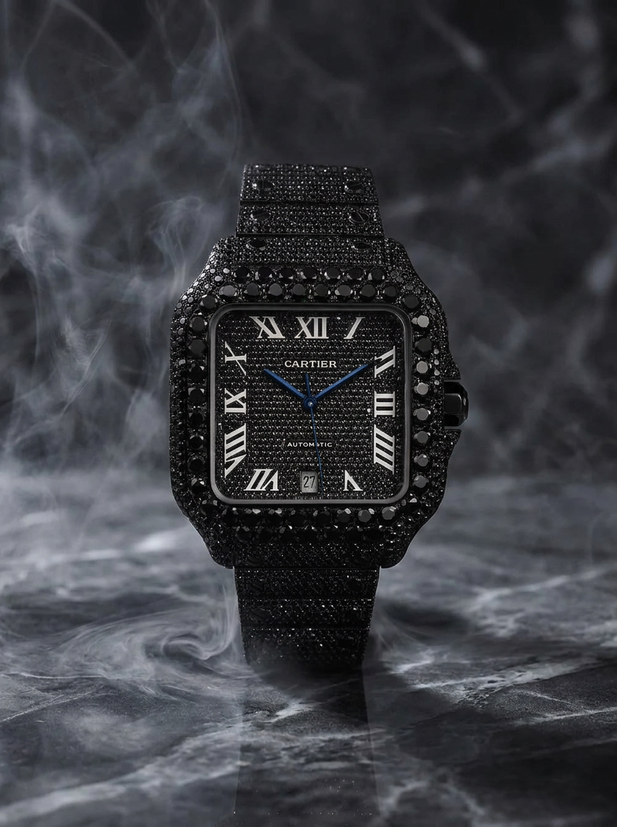 Cartier Santos Large – Custom Black Diamond PVD – Black Diamond Dial with Blue Swords