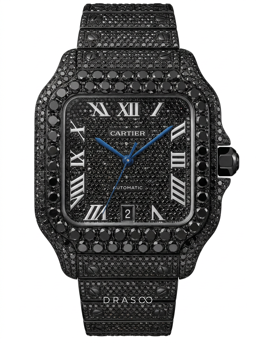 Cartier Santos Large – Custom Black Diamond PVD – Black Diamond Dial with Blue Swords