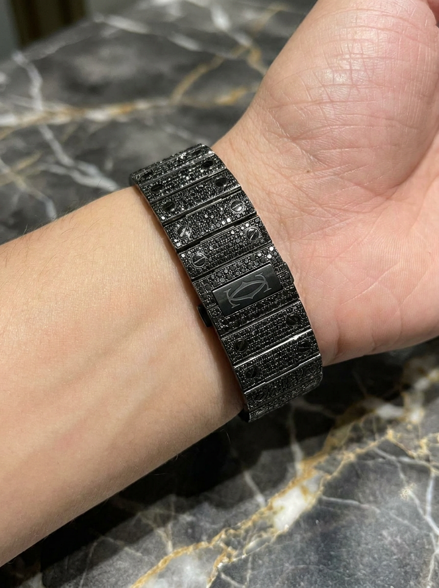 Cartier Santos Large – Custom Black Diamond PVD – Black Diamond Dial with Blue Swords