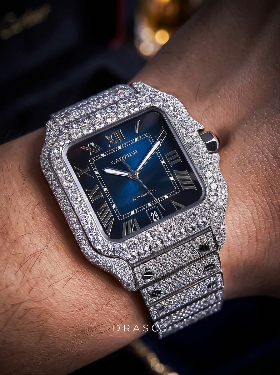 Cartier Santos Large – Steel – Custom Diamond-Set with Blue Dial