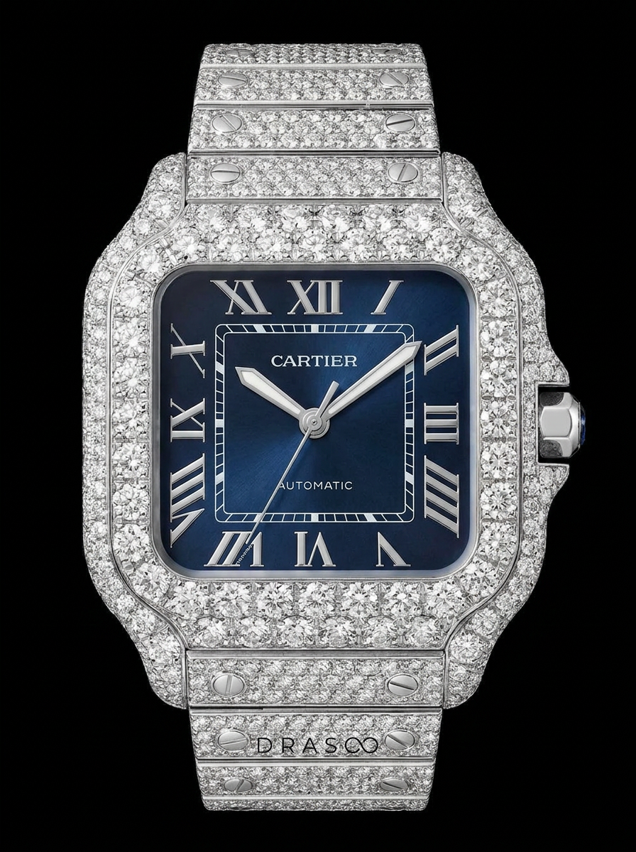 Cartier Santos Large – Steel – Custom Diamond-Set with Blue Dial