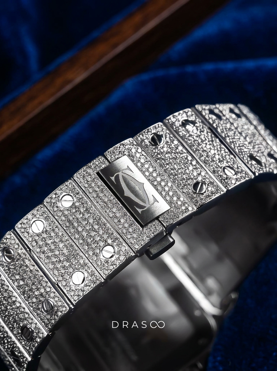 Cartier Santos Large – Steel – Custom Diamond-Set with Blue Dial