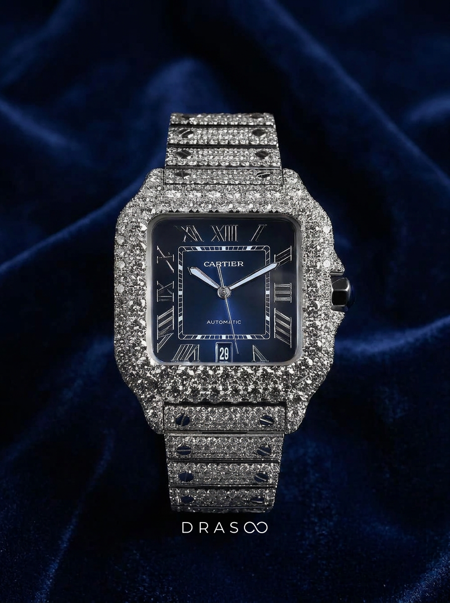 Cartier Santos Large – Steel – Custom Diamond-Set with Blue Dial
