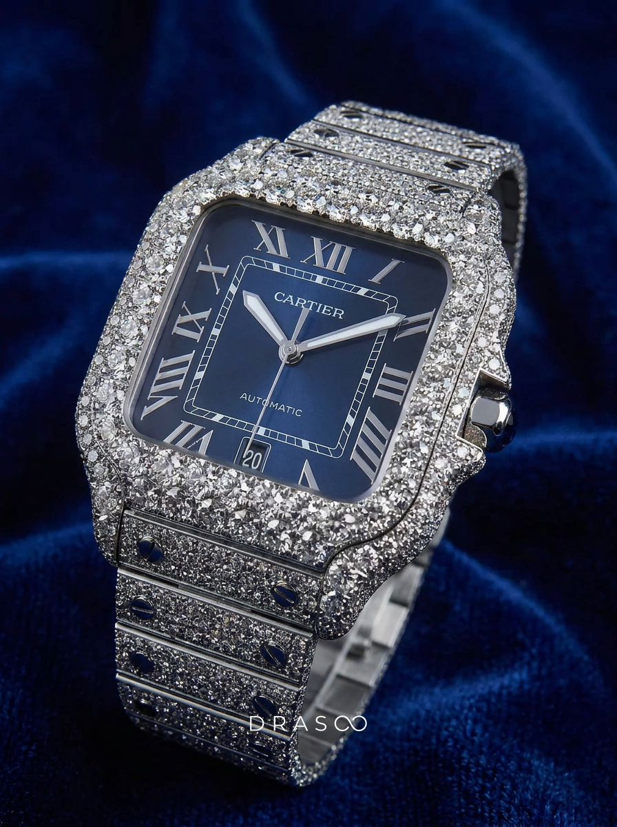 Cartier Santos Large – Steel – Custom Diamond-Set with Blue Dial
