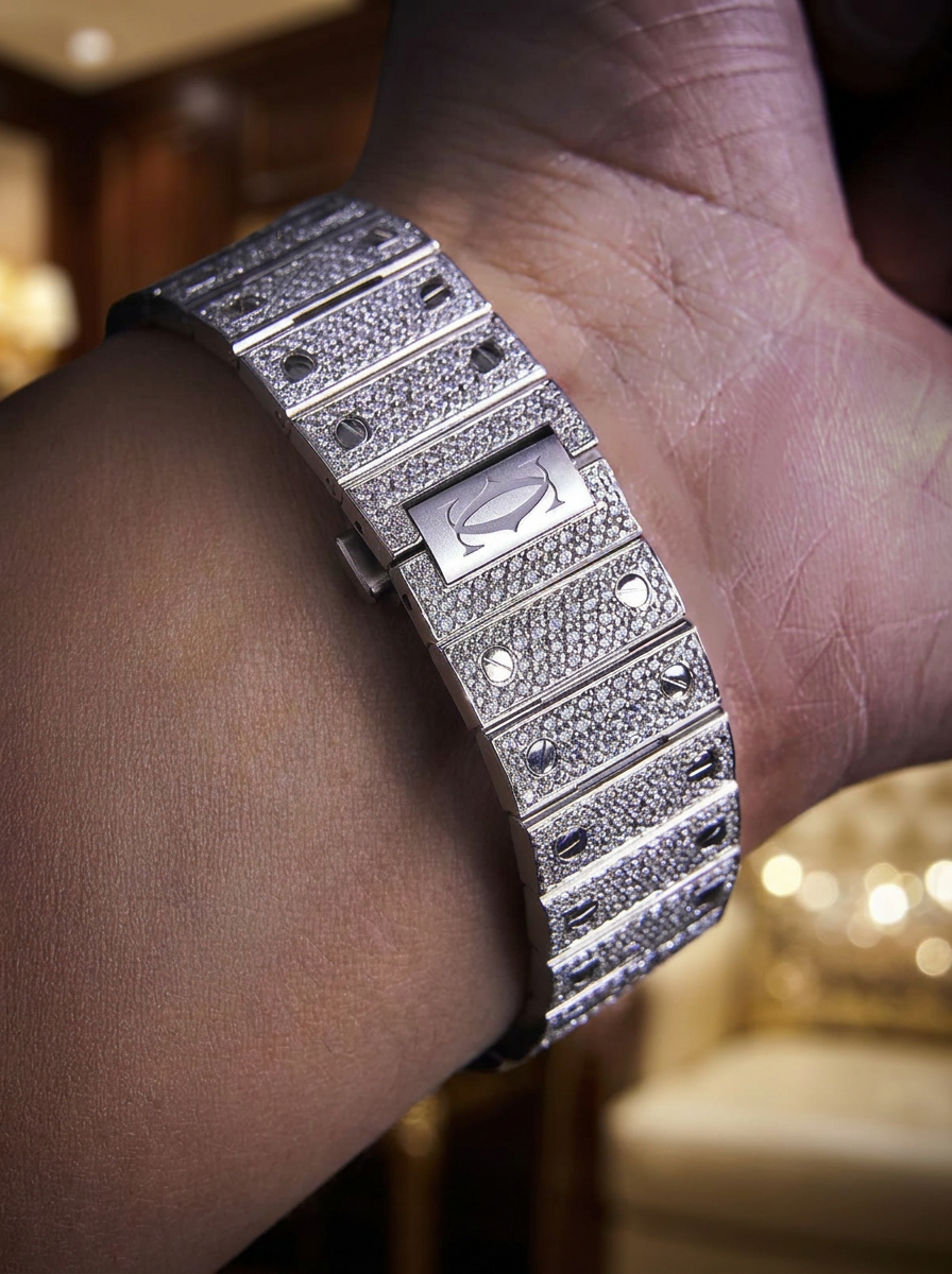 Cartier Santos Large – Steel – Custom Diamond-Set with Blue Dial