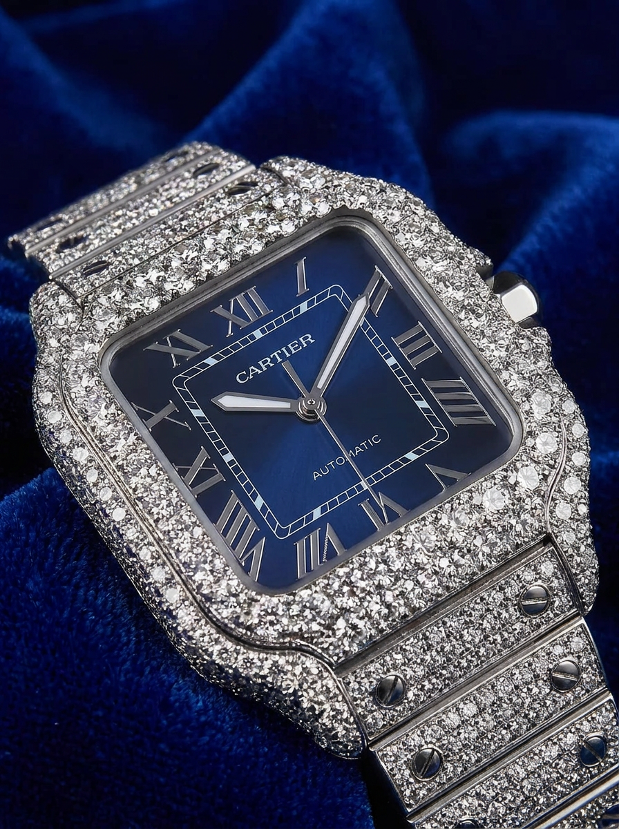 Cartier Santos Large – Steel – Custom Diamond-Set with Blue Dial