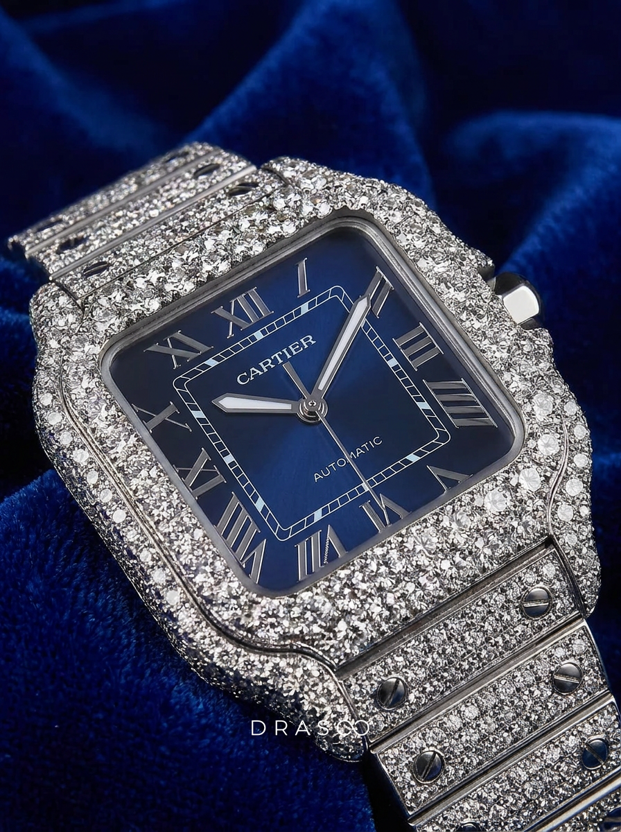 Cartier Santos Large – Steel – Custom Diamond-Set with Blue Dial