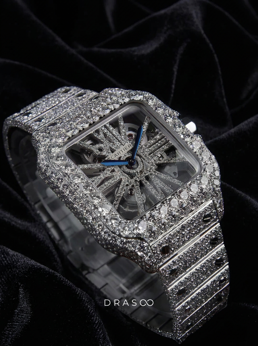 Cartier Santos Skeleton – Steel – Custom Pavé Diamond-Set (VVS) – Blue-Steel Swords