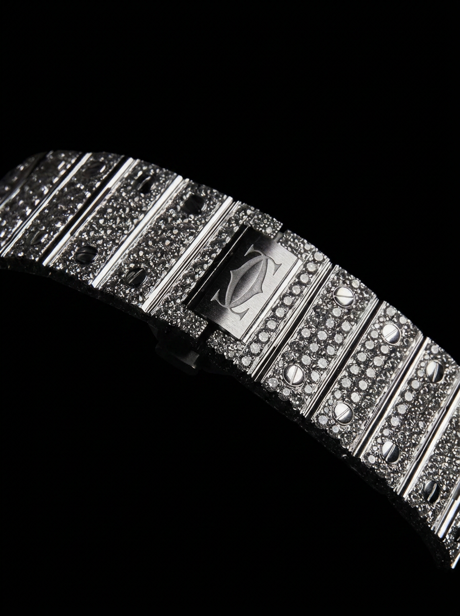 Cartier Santos Skeleton – Steel – Custom Pavé Diamond-Set (VVS) – Blue-Steel Swords