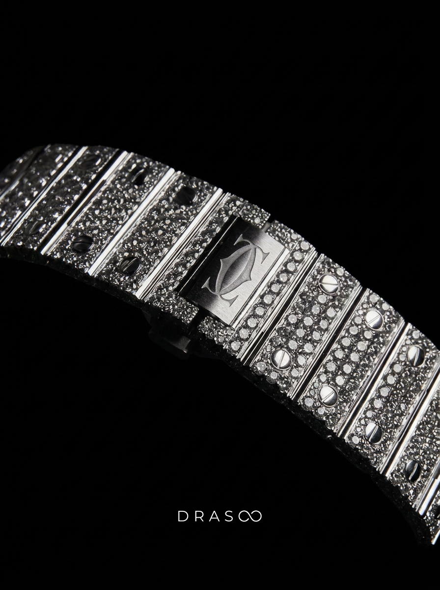 Cartier Santos Skeleton – Steel – Custom Pavé Diamond-Set (VVS) – Blue-Steel Swords