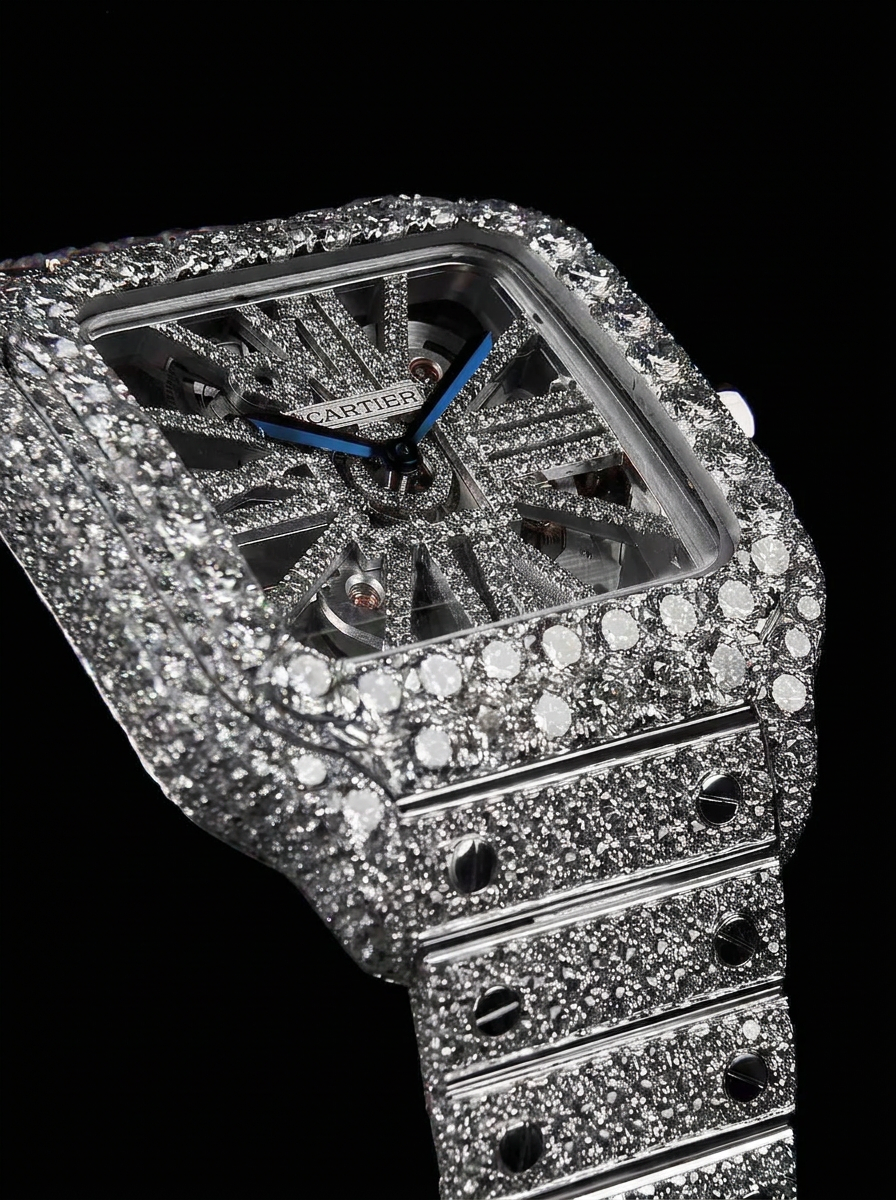 Cartier Santos Skeleton – Steel – Custom Pavé Diamond-Set (VVS) – Blue-Steel Swords