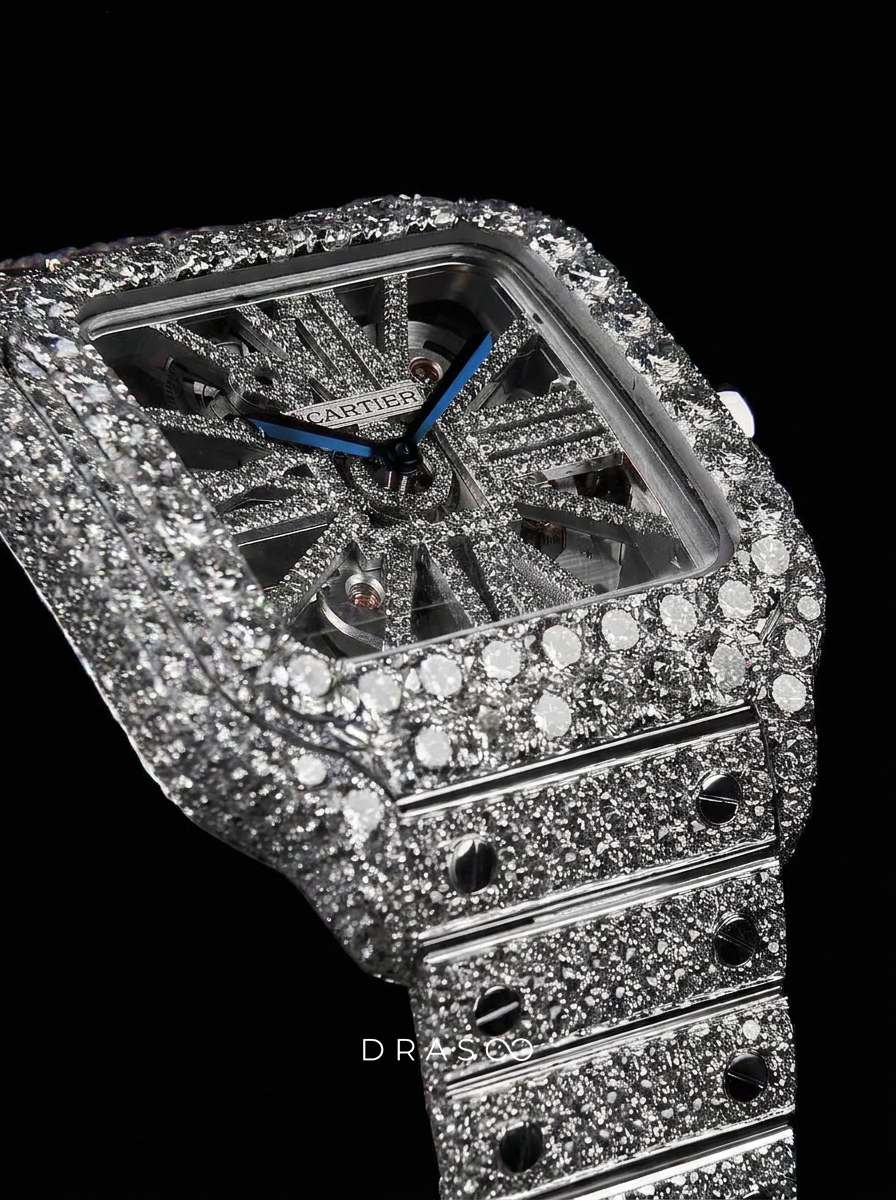 Cartier Santos Skeleton – Steel – Custom Pavé Diamond-Set (VVS) – Blue-Steel Swords
