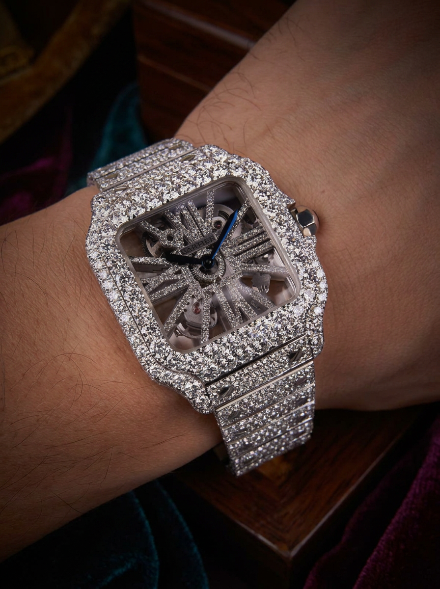 Cartier Santos Skeleton – Steel – Custom Pavé Diamond-Set (VVS) – Blue-Steel Swords
