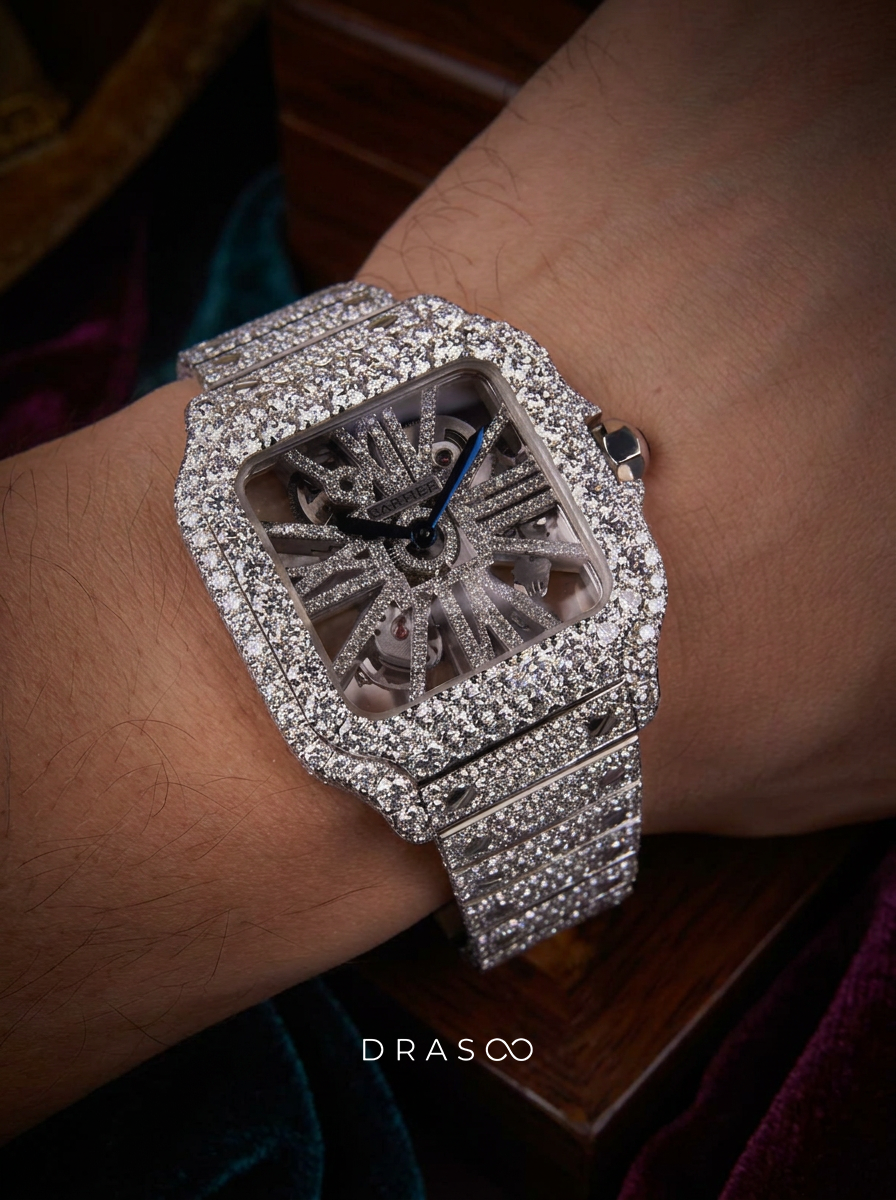 Cartier Santos Skeleton – Steel – Custom Pavé Diamond-Set (VVS) – Blue-Steel Swords