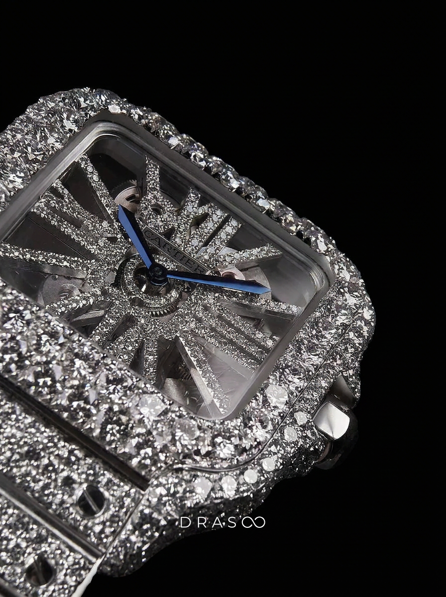 Cartier Santos Skeleton – Steel – Custom Pavé Diamond-Set (VVS) – Blue-Steel Swords