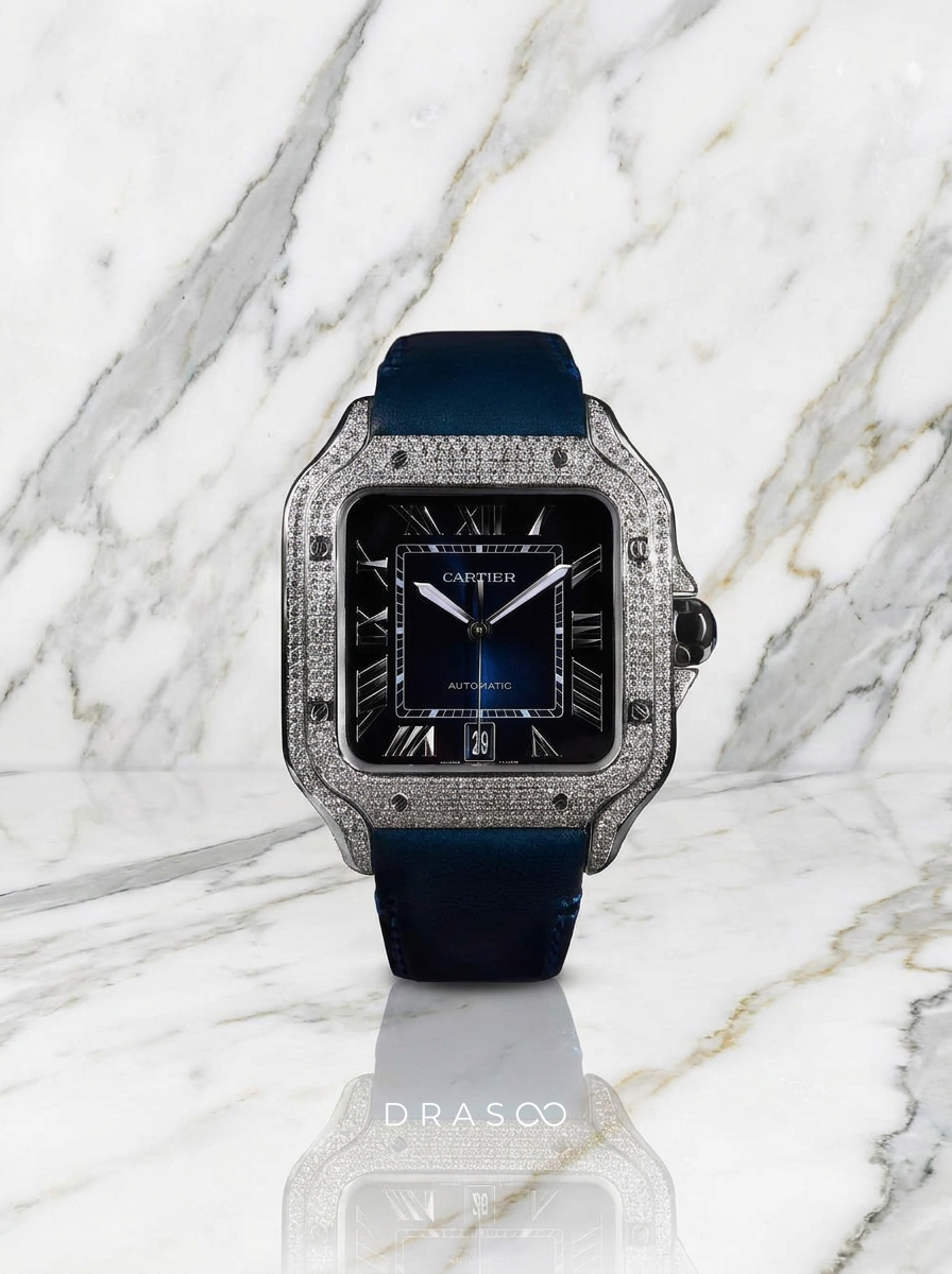 Cartier Santos Large – Steel – Custom Diamond-Set with Navy Calfskin Strap