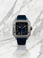 Cartier Santos Large – Steel – Custom Diamond-Set with Navy Calfskin Strap