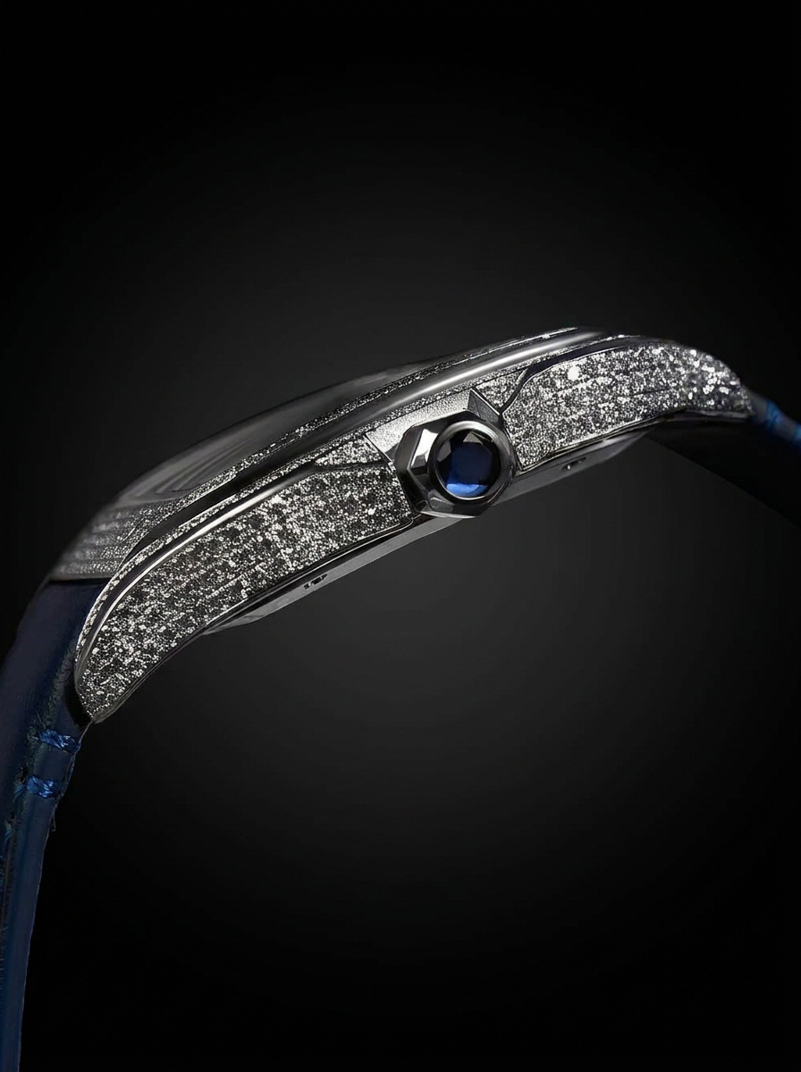Cartier Santos Large – Steel – Custom Diamond-Set with Navy Calfskin Strap