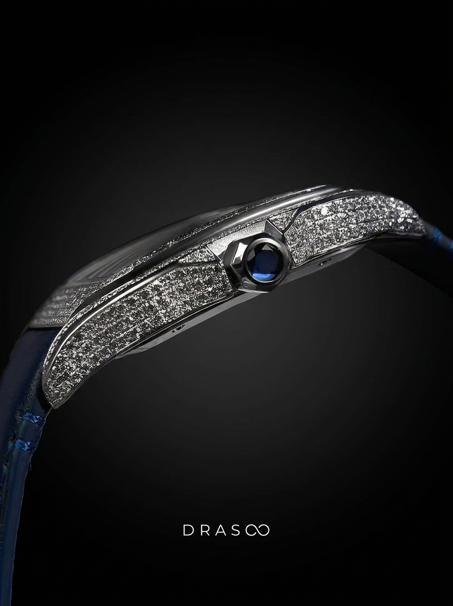 Cartier Santos Large – Steel – Custom Diamond-Set with Navy Calfskin Strap