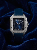 Cartier Santos Large – Steel – Custom Diamond-Set with Navy Calfskin Strap