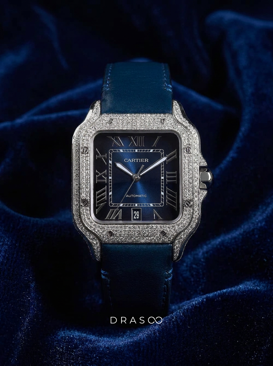 Cartier Santos Large – Steel – Custom Diamond-Set with Navy Calfskin Strap