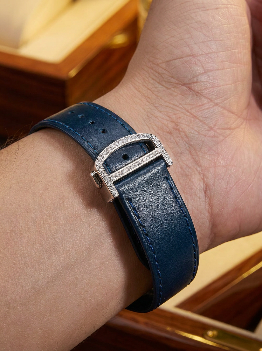 Cartier Santos Large – Steel – Custom Diamond-Set with Navy Calfskin Strap