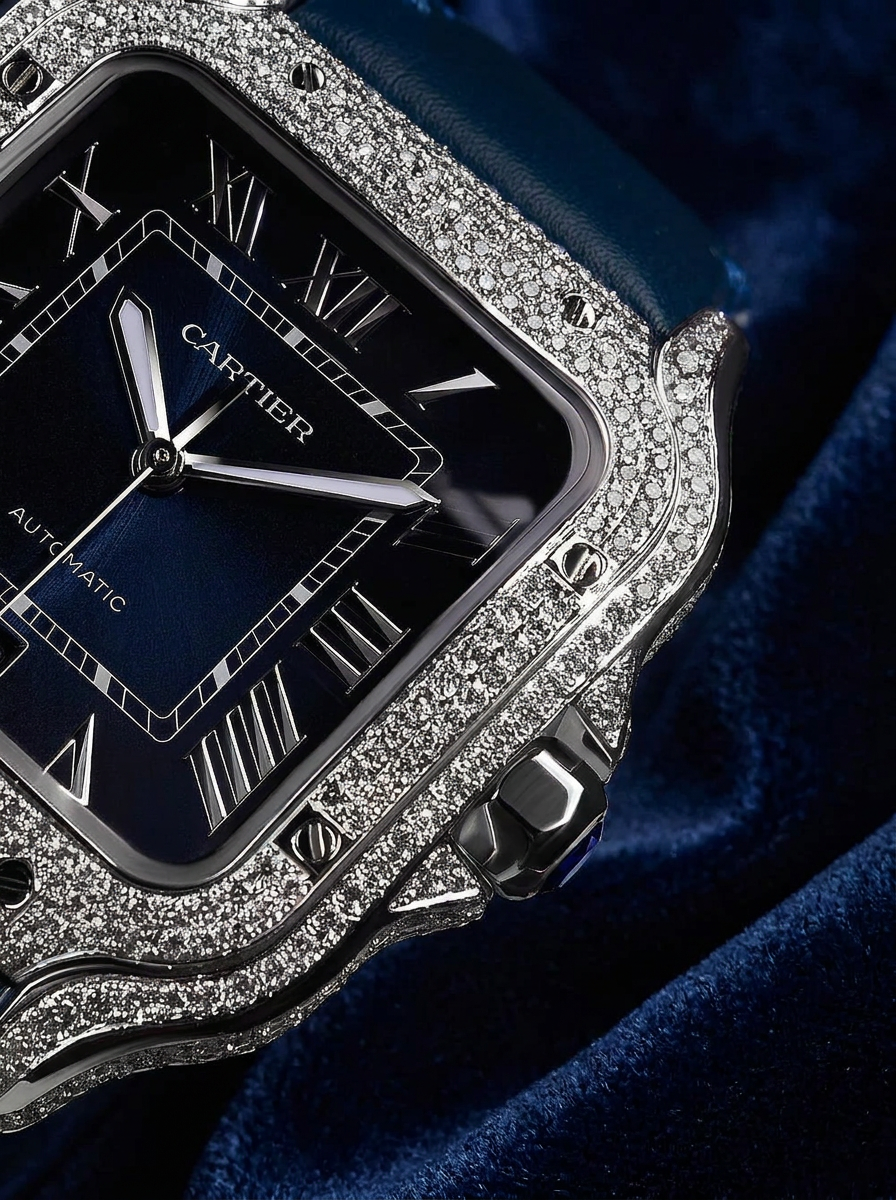 Cartier Santos Large – Steel – Custom Diamond-Set with Navy Calfskin Strap