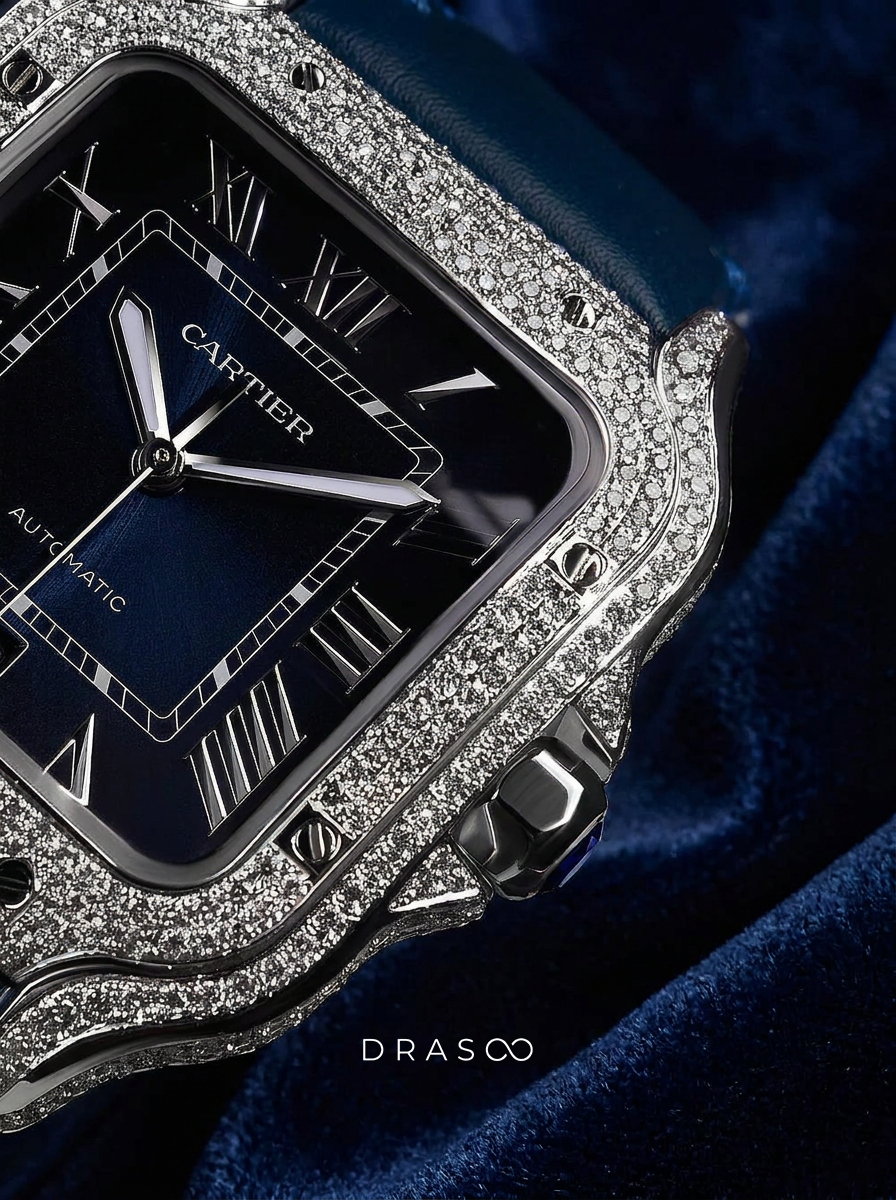 Cartier Santos Large – Steel – Custom Diamond-Set with Navy Calfskin Strap