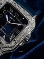 Cartier Santos Large – Steel – Custom Diamond-Set with Navy Calfskin Strap