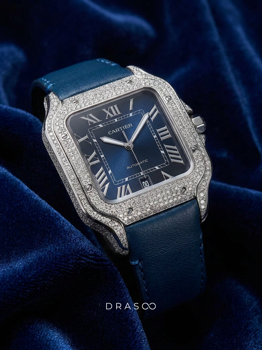 Cartier Santos Large – Steel – Custom Diamond-Set with Navy Calfskin Strap