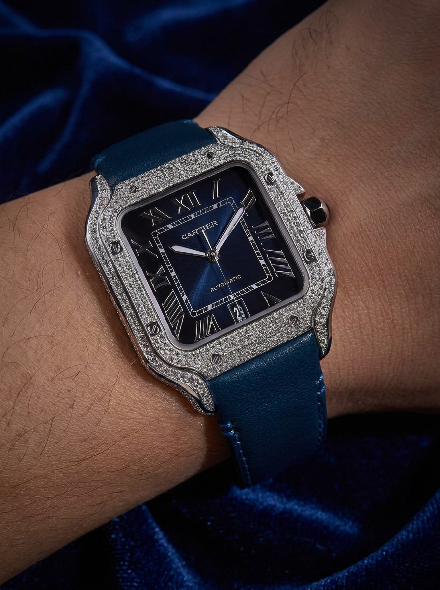 Cartier Santos Large – Steel – Custom Diamond-Set with Navy Calfskin Strap