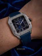Cartier Santos Large – Steel – Custom Diamond-Set with Navy Calfskin Strap